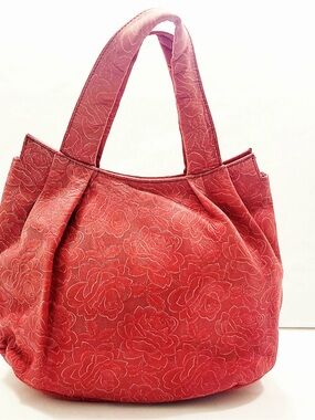 Red Floral Embossed Shoulder Tote Bag
